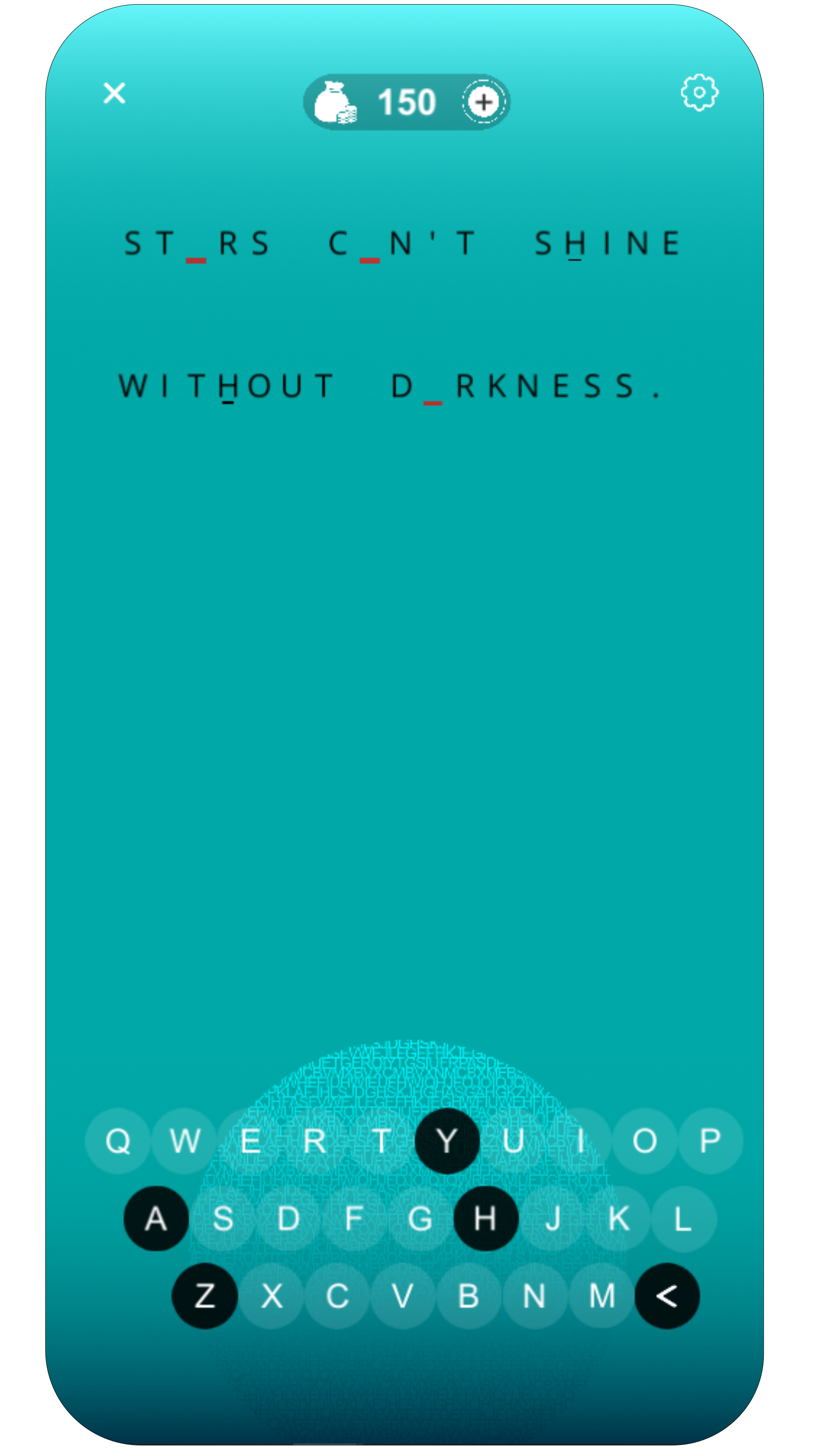 Hidden Reminders gameplay — completing the quote 'Stars can't shine without darkness'