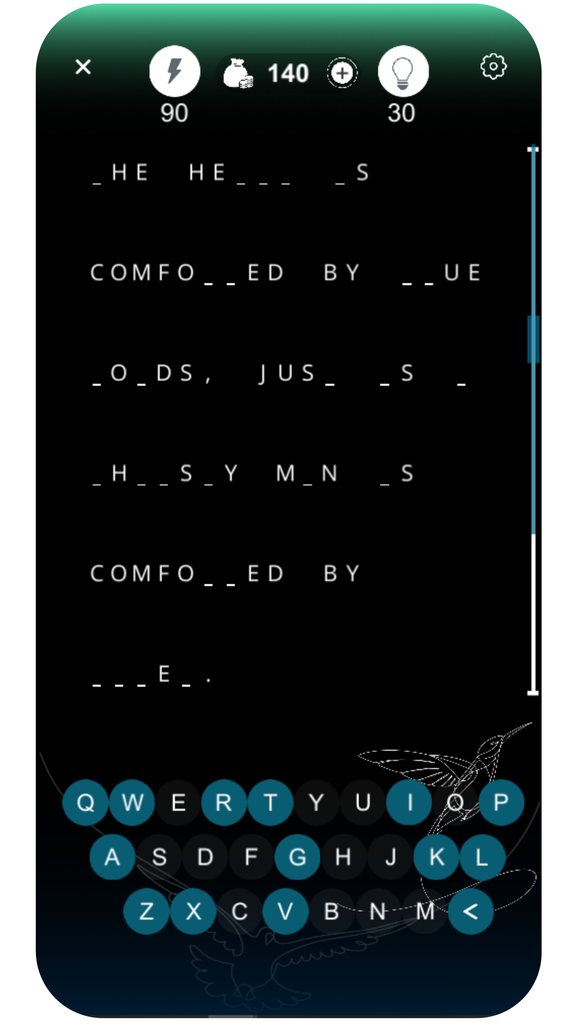 Hidden Reminders gameplay — a longer multi-line quote puzzle in progress